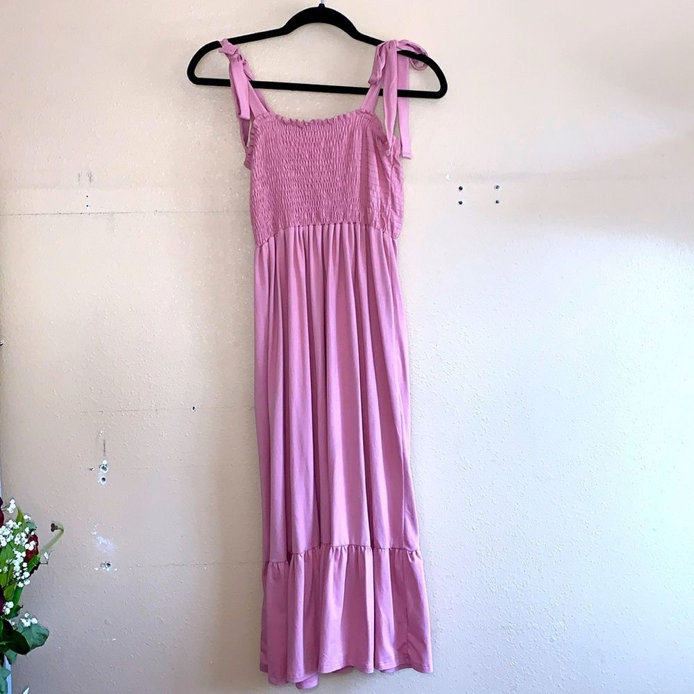 Pink Soft Adjustable Tie Straps Ruched Bodice Tiered Midi Dress  Medium